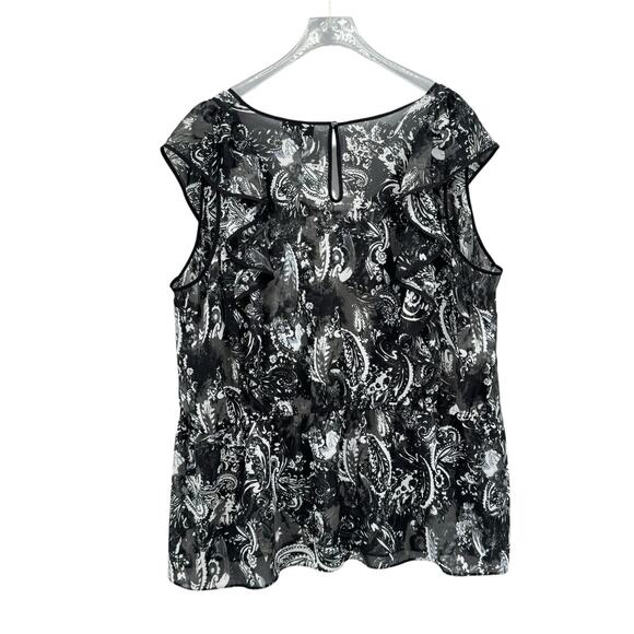 Lane Bryant Black & White Mixed Paisley Print Ruffle Sleeve Sheer Chiffon Blouse - Picture 9 of 11